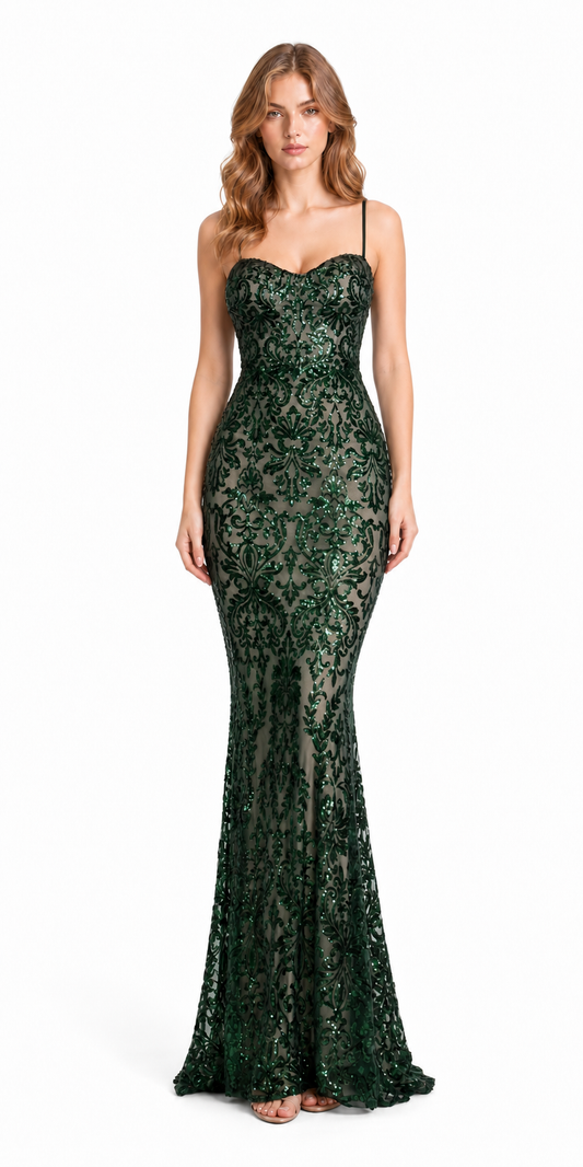Vestido de lentejuela barroca sobre nude — Verde