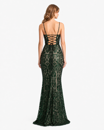 Vestido de lentejuela barroca sobre nude — Verde