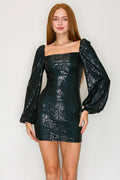 Vestido mini de lentejuela con mangas abombadas
