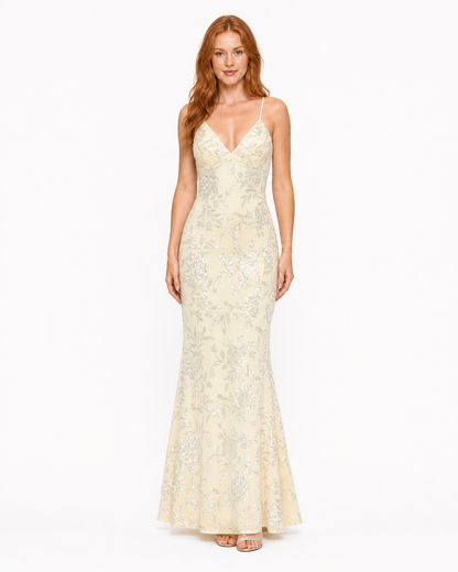 Vestido largo sirena de lentejuela floral con mariposa en la espalda — Amarillo mantequilla