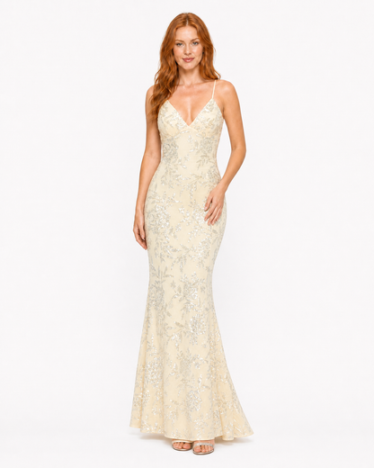 Vestido largo sirena de lentejuela floral con mariposa en la espalda — Amarillo mantequilla