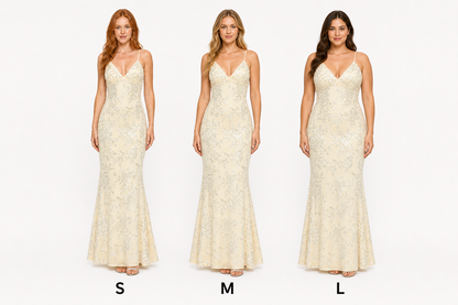 Vestido largo sirena de lentejuela floral con mariposa en la espalda — Amarillo mantequilla