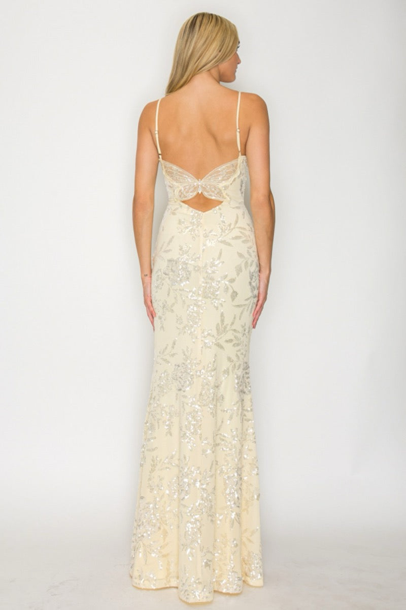 Vestido sirena lentejuela mariposa amarillo — espalda