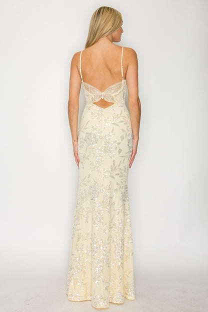 Vestido sirena lentejuela mariposa amarillo — espalda