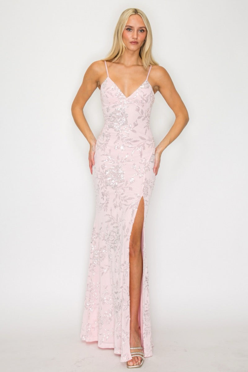 Vestido sirena lentejuela mariposa rosa — detalle