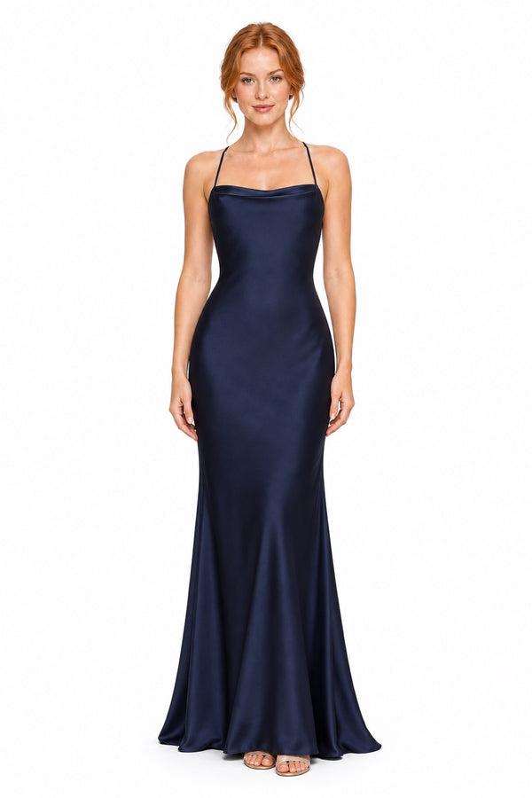 Vestido largo escote cowl con tirantes y amarre en la espalda — Azul marino