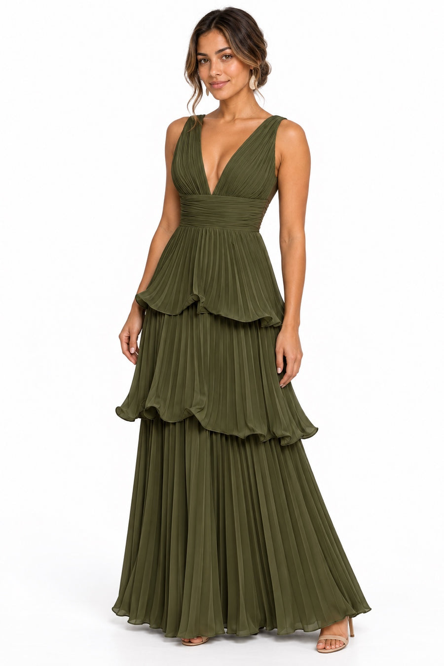 Pink Shop by MAF Vestido largo sin mangas de olanes plisados en capas berenjena, vista 3