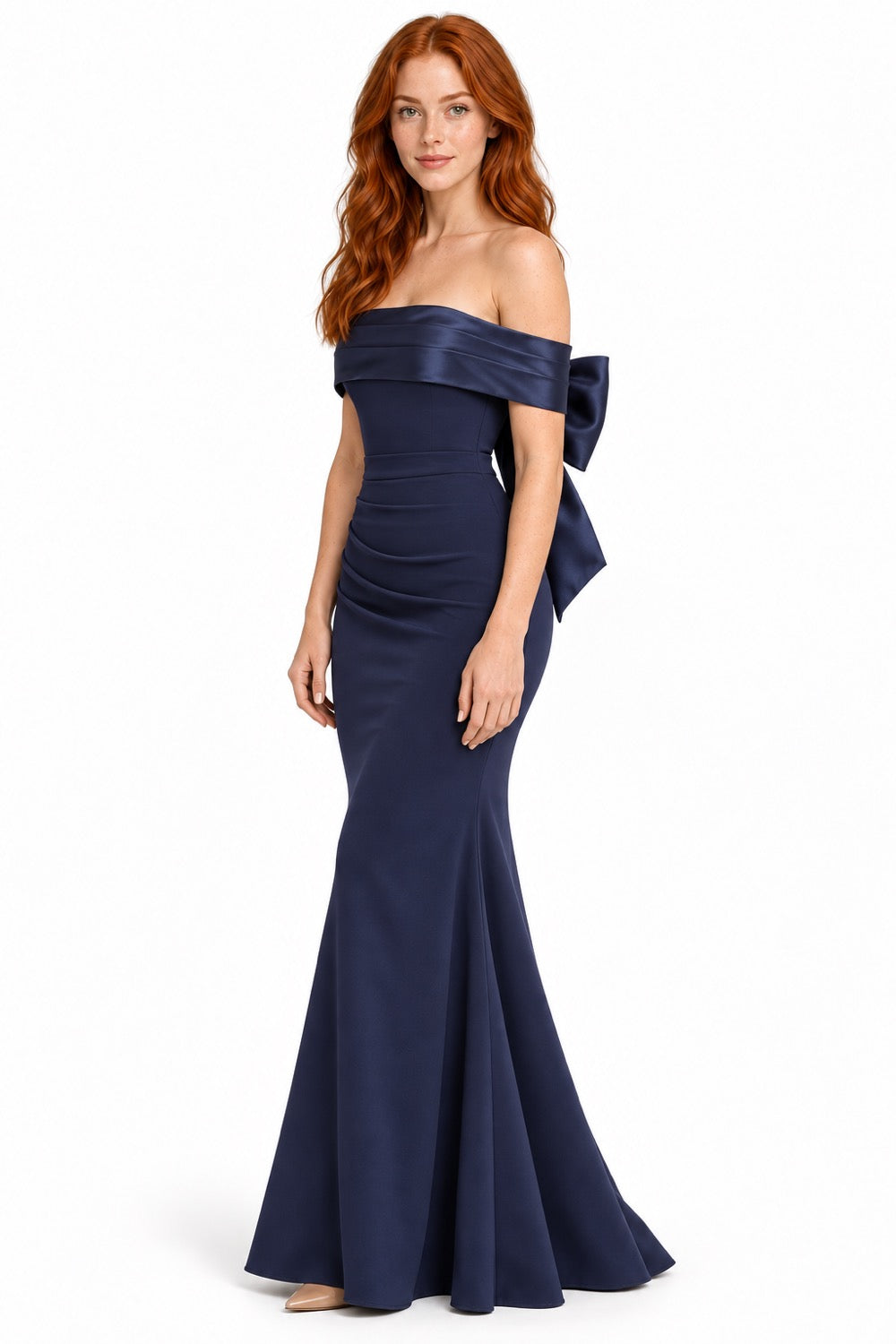 Pink Shop by MAF Vestido largo sirena off shoulder con moño removible azul marino, vista 2