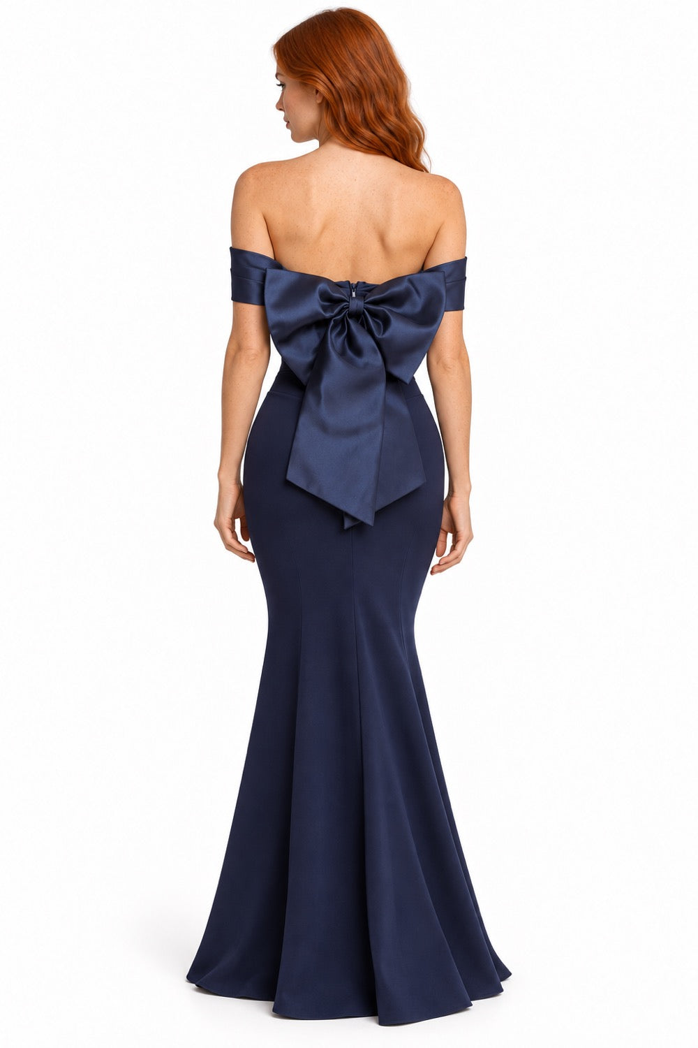 Pink Shop by MAF Vestido largo sirena off shoulder con moño removible azul marino, vista 3