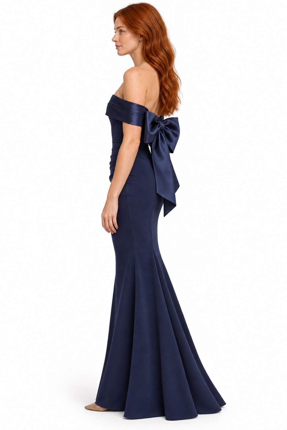 Pink Shop by MAF Vestido largo sirena off shoulder con moño removible azul marino, vista 4