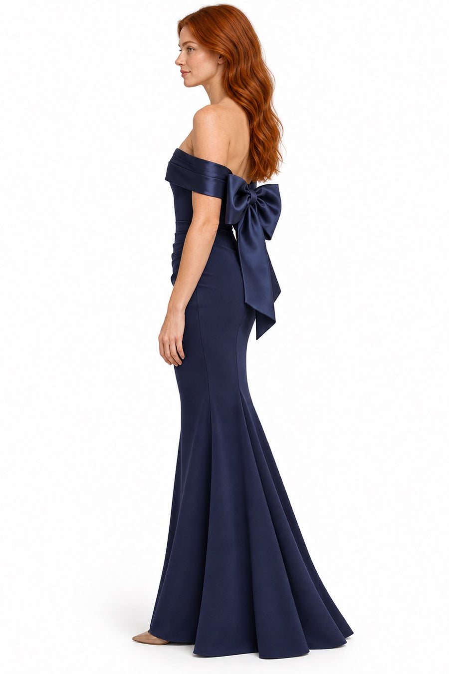 Pink Shop by MAF Vestido largo sirena off shoulder con moño removible azul marino, vista 4