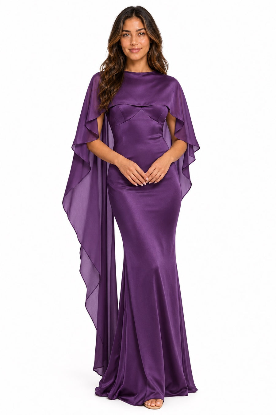 Pink Shop by MAF Vestido largo drapeado con manga capa morado, vista 1