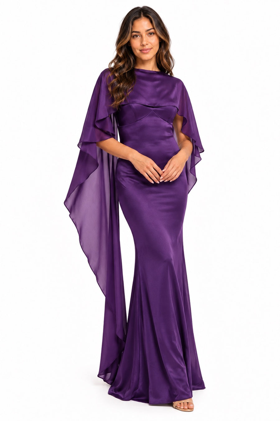 Pink Shop by MAF Vestido largo drapeado con manga capa morado, vista 3