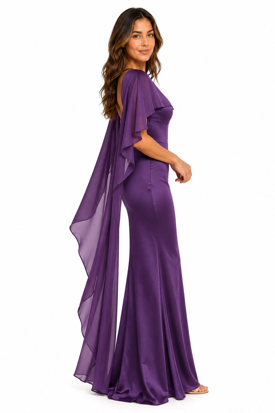 Pink Shop by MAF Vestido largo drapeado con manga capa morado, vista 6