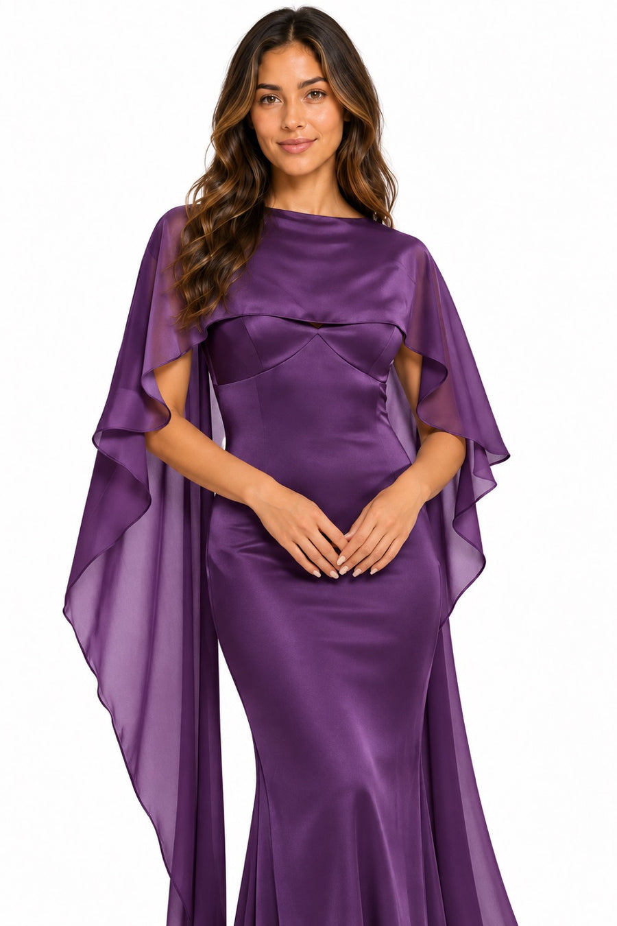 Pink Shop by MAF Vestido largo drapeado con manga capa morado, vista 7