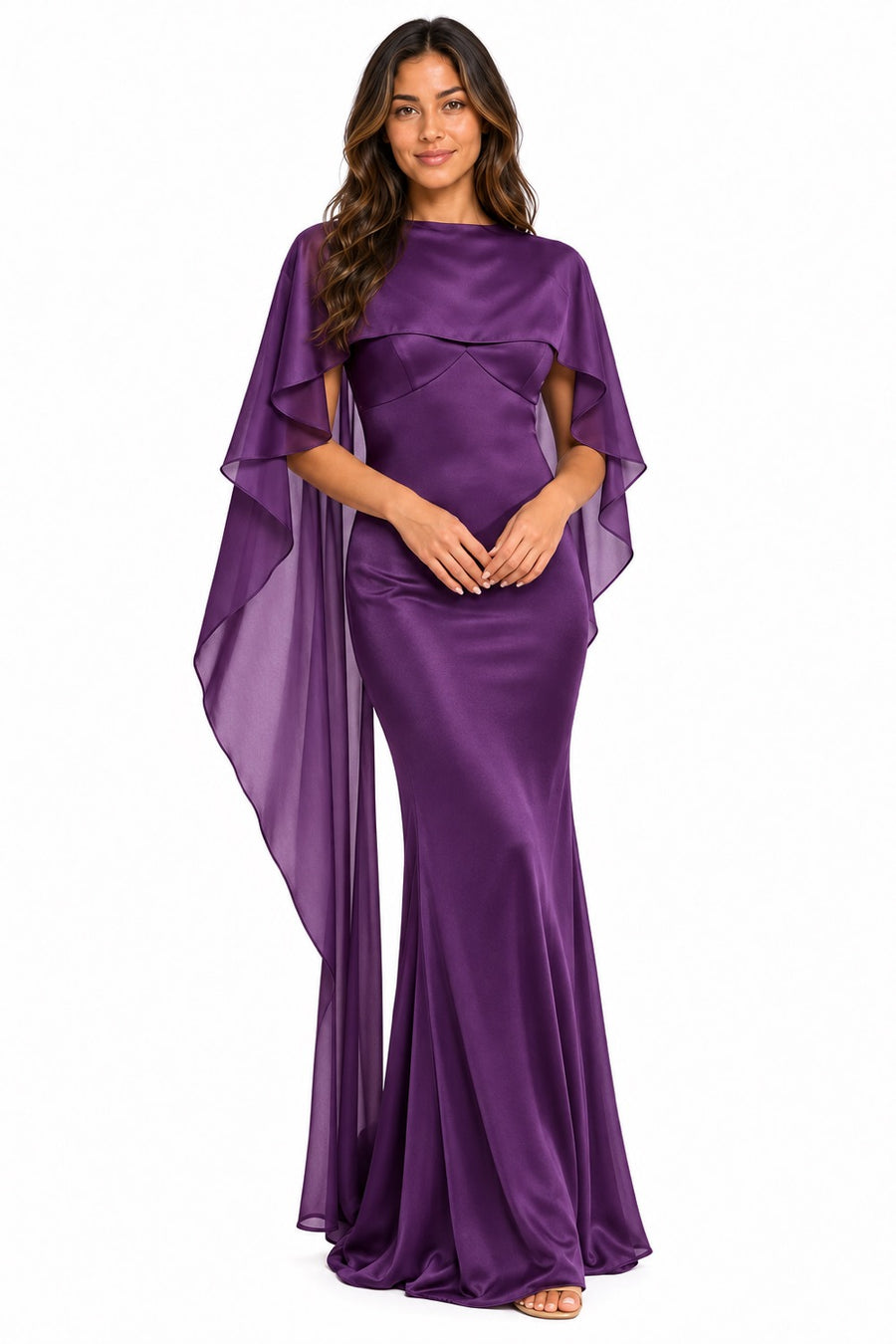 Pink Shop by MAF Vestido largo drapeado con manga capa morado, vista 8