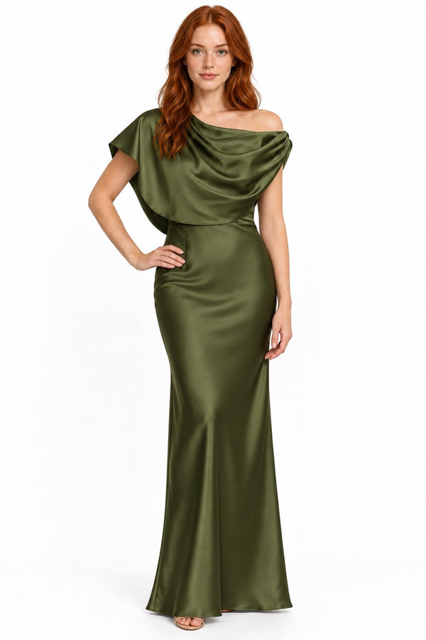 Vestido largo satinado de hombro caído drapeado — Verde olivo