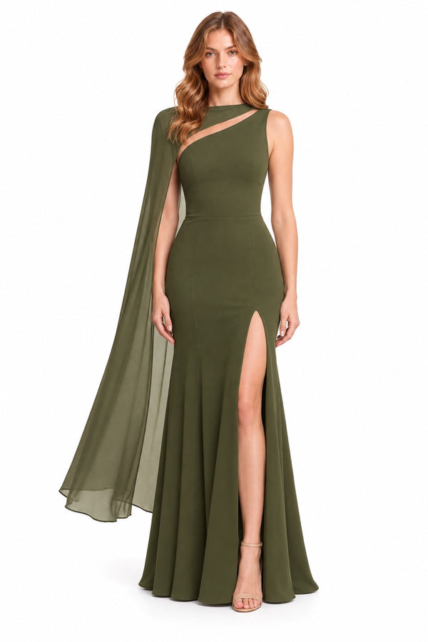 Vestido largo de un hombro con capa y abertura — Verde olivo