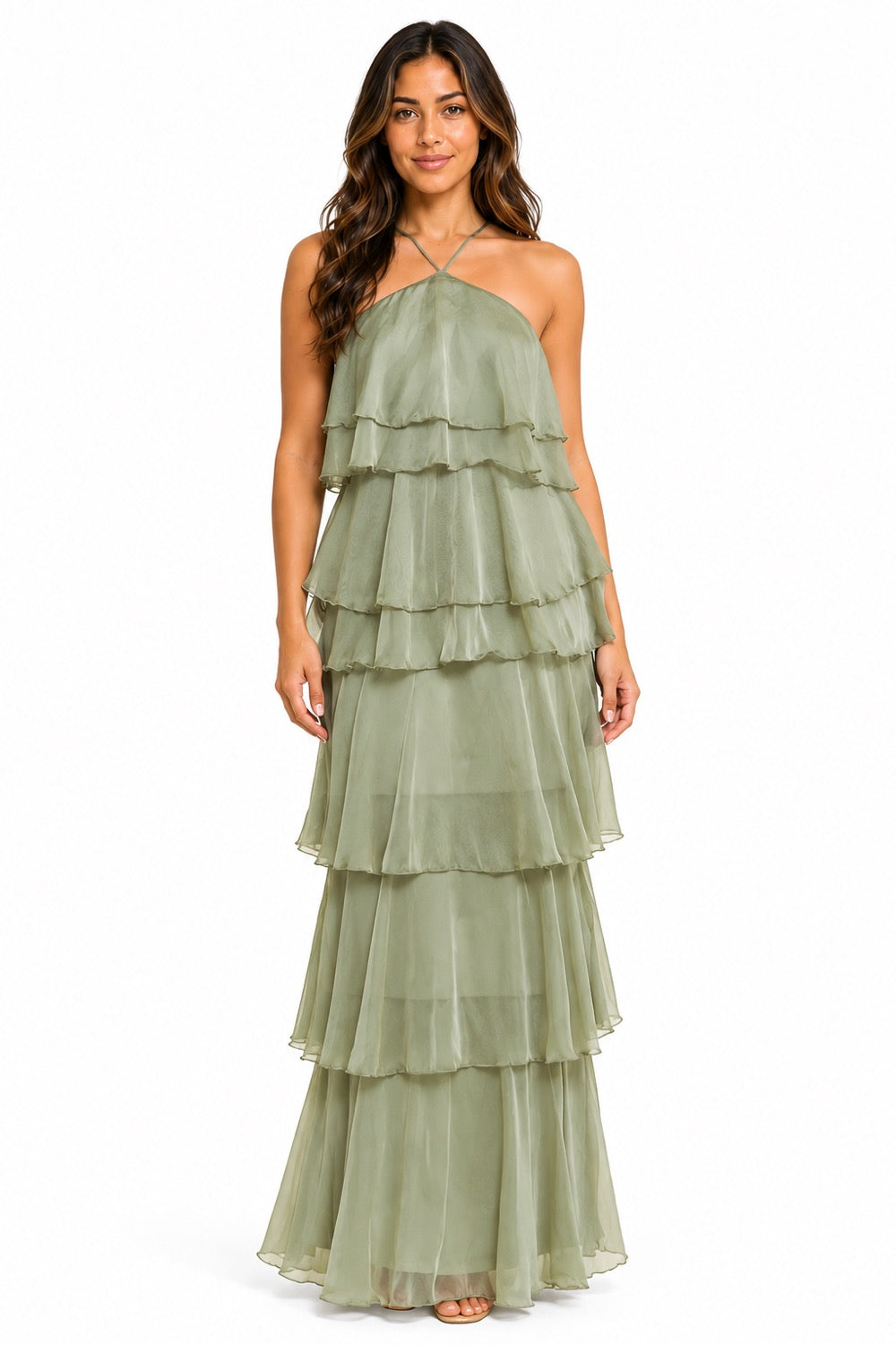 Pink Shop by MAF Vestido largo halter de olanes en capas sage, vista 1