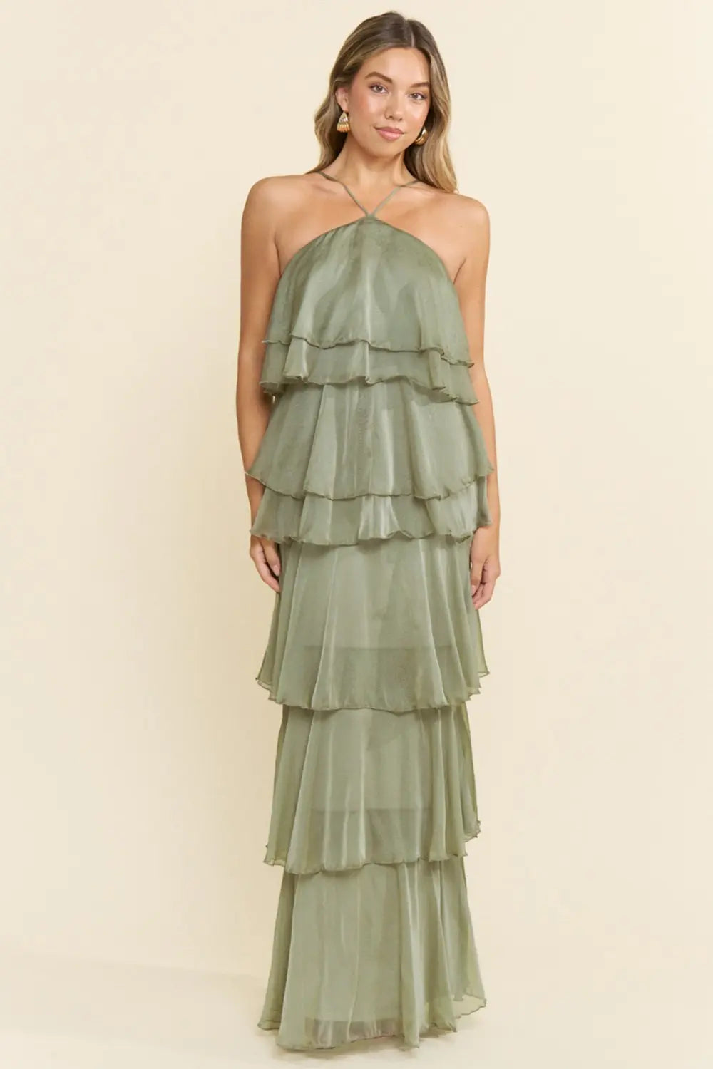 Pink Shop by MAF Vestido largo halter de olanes en capas sage, vista 2