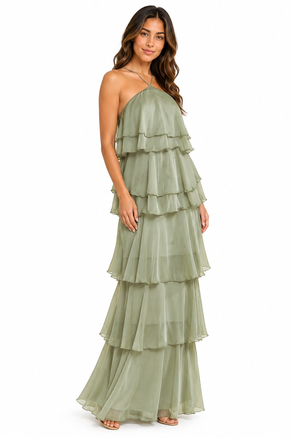 Pink Shop by MAF Vestido largo halter de olanes en capas sage, vista 3