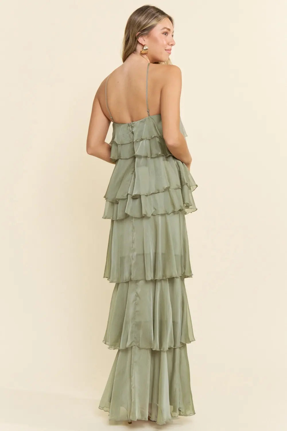 Pink Shop by MAF Vestido largo halter de olanes en capas sage, vista 4
