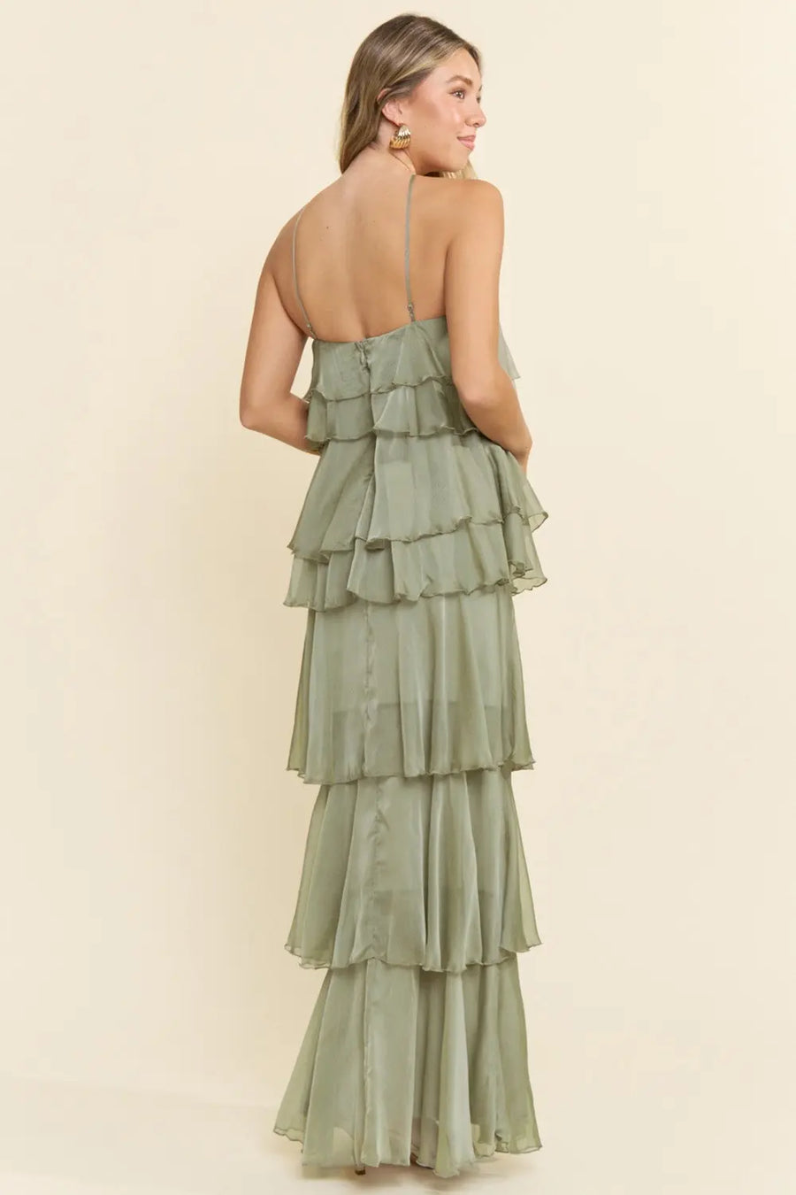 Pink Shop by MAF Vestido largo halter de olanes en capas sage, vista 4