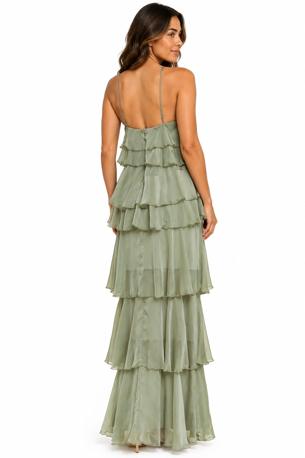 Pink Shop by MAF Vestido largo halter de olanes en capas sage, vista 5