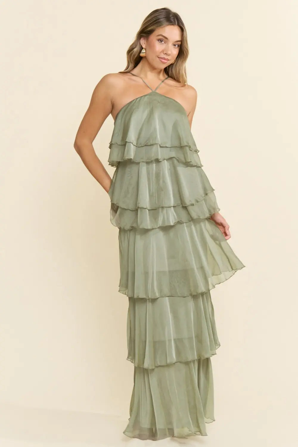 Pink Shop by MAF Vestido largo halter de olanes en capas sage, vista 6