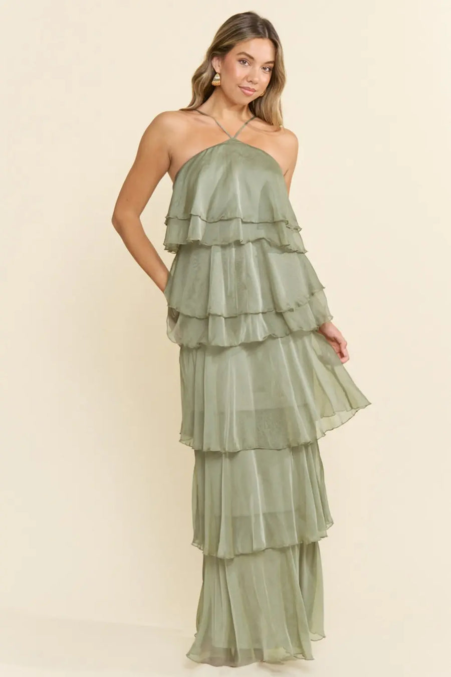 Pink Shop by MAF Vestido largo halter de olanes en capas sage, vista 6