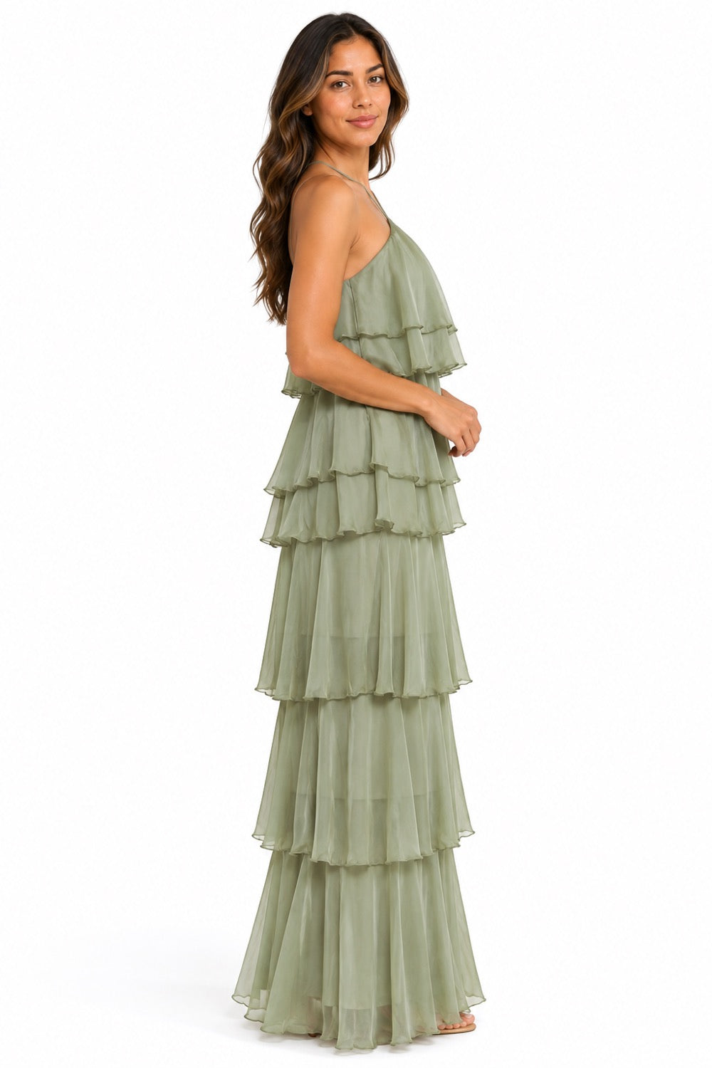 Pink Shop by MAF Vestido largo halter de olanes en capas sage, vista 7