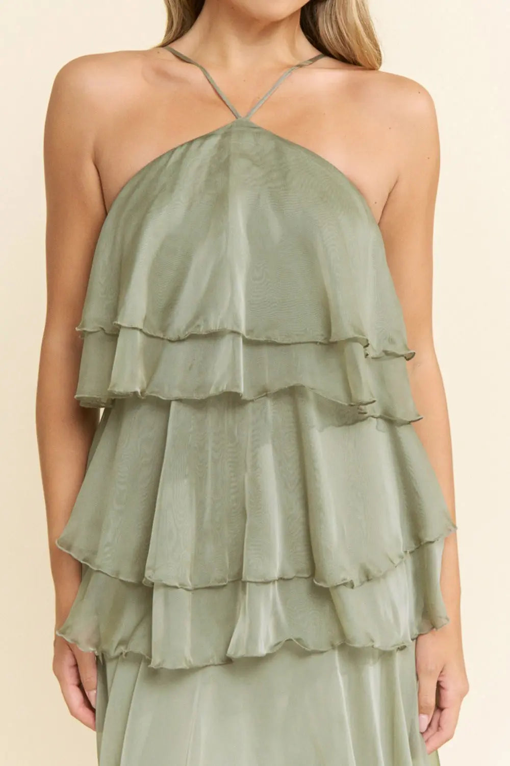 Pink Shop by MAF Vestido largo halter de olanes en capas sage, vista 8
