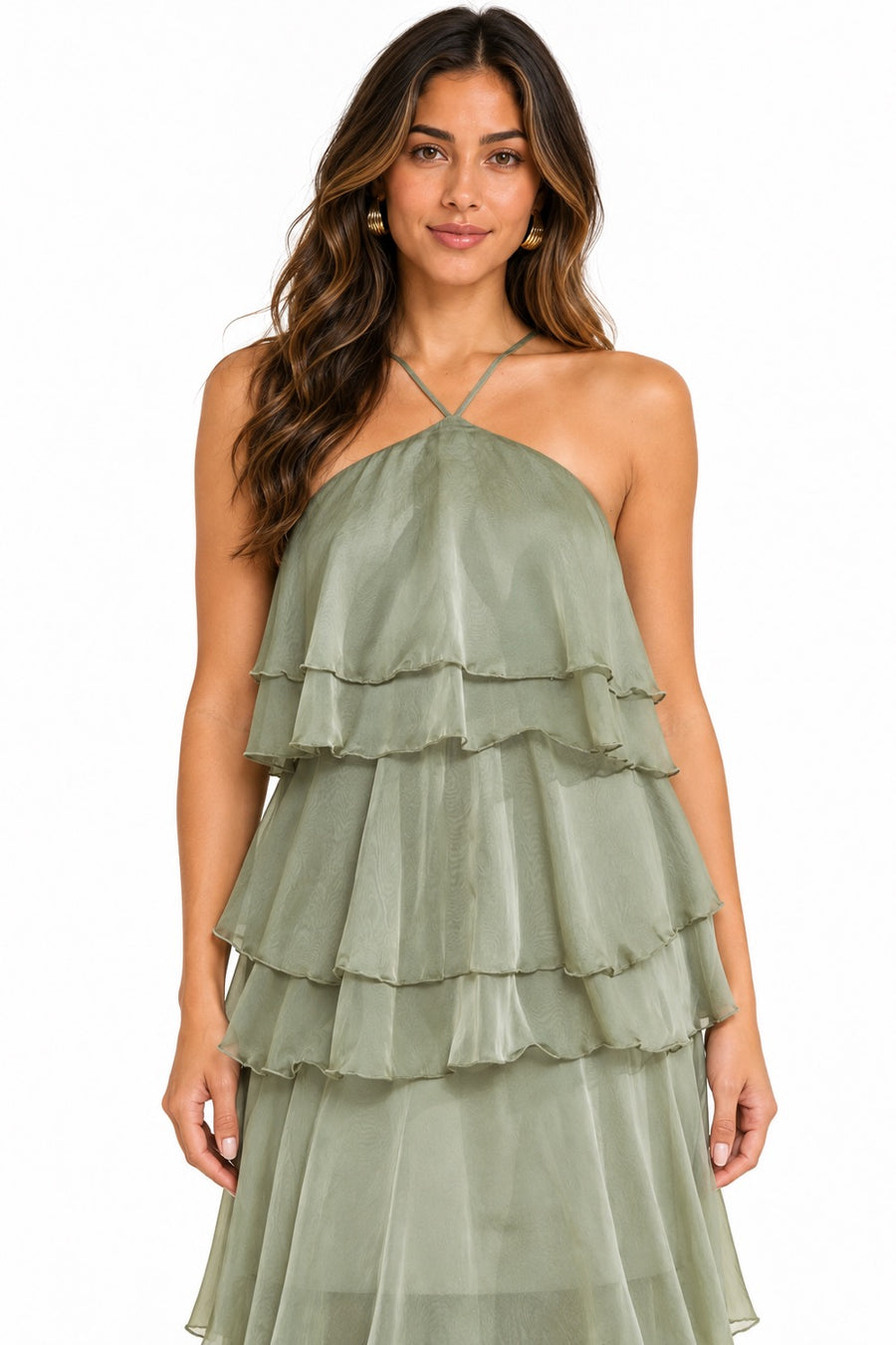 Pink Shop by MAF Vestido largo halter de olanes en capas sage, vista 9