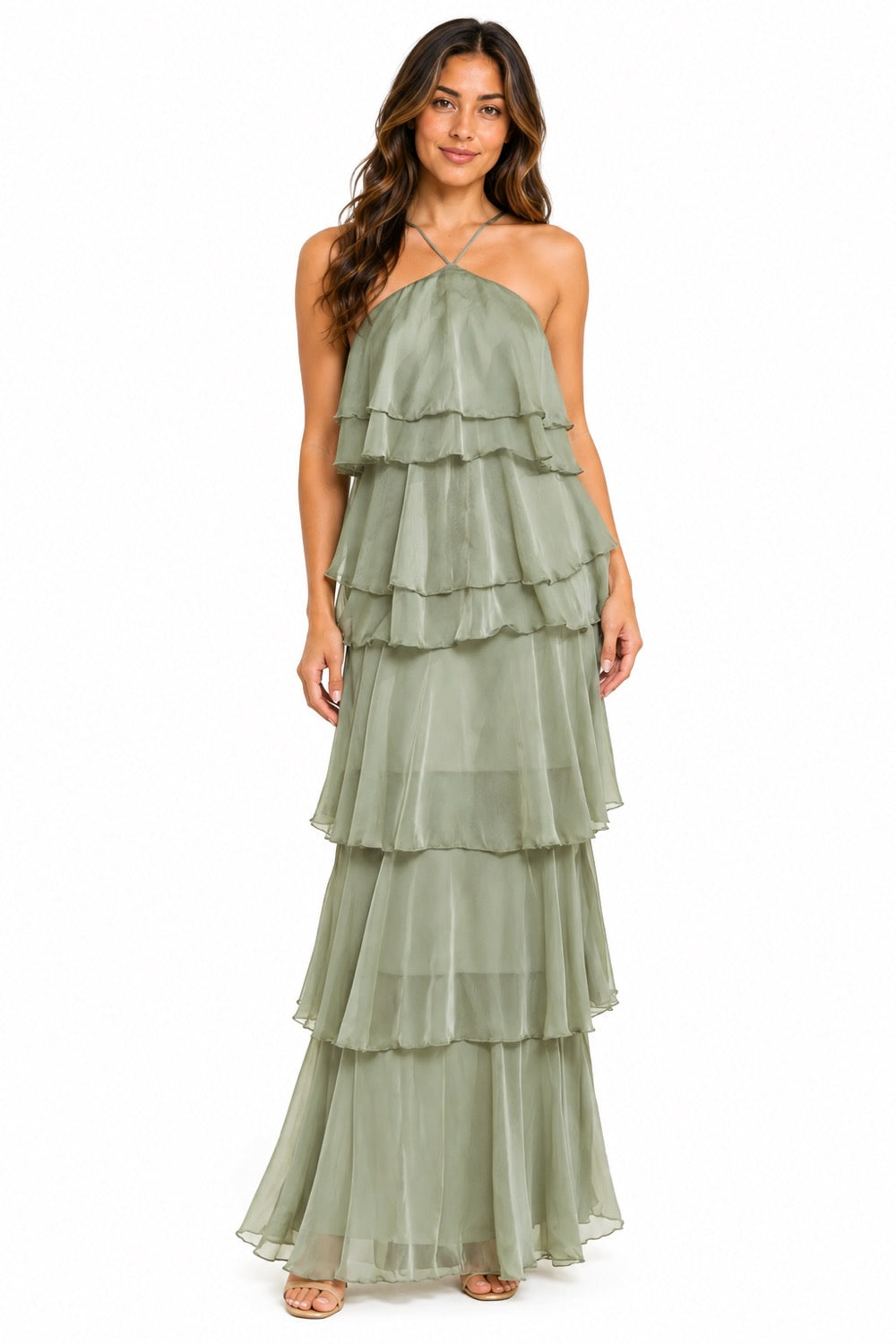 Pink Shop by MAF Vestido largo halter de olanes en capas sage, vista 10