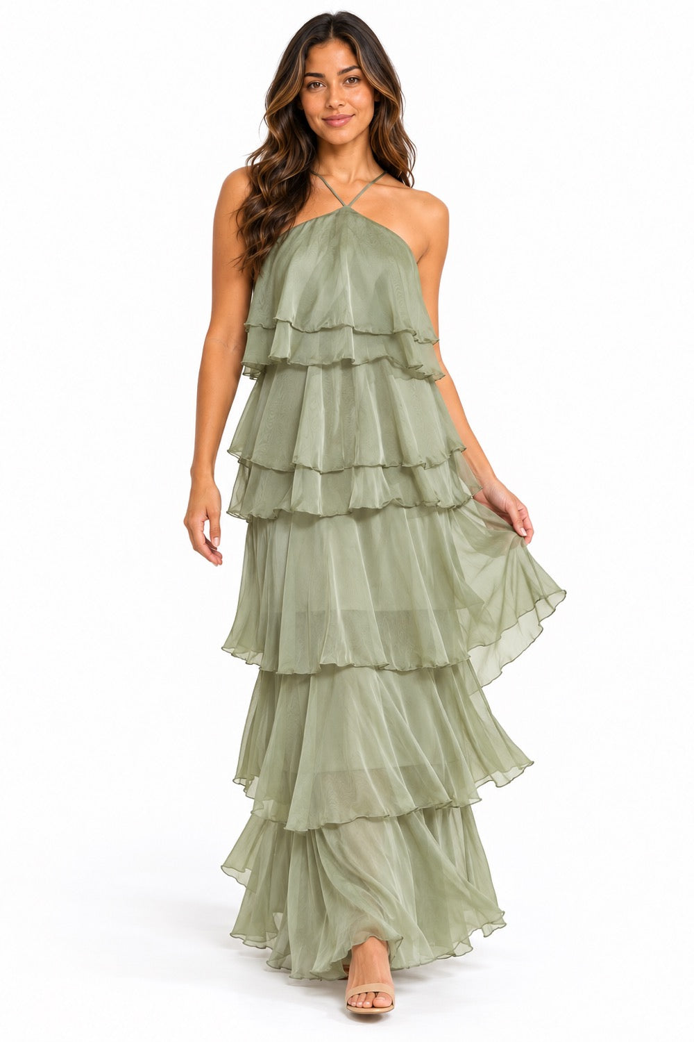 Pink Shop by MAF Vestido largo halter de olanes en capas sage, vista 11