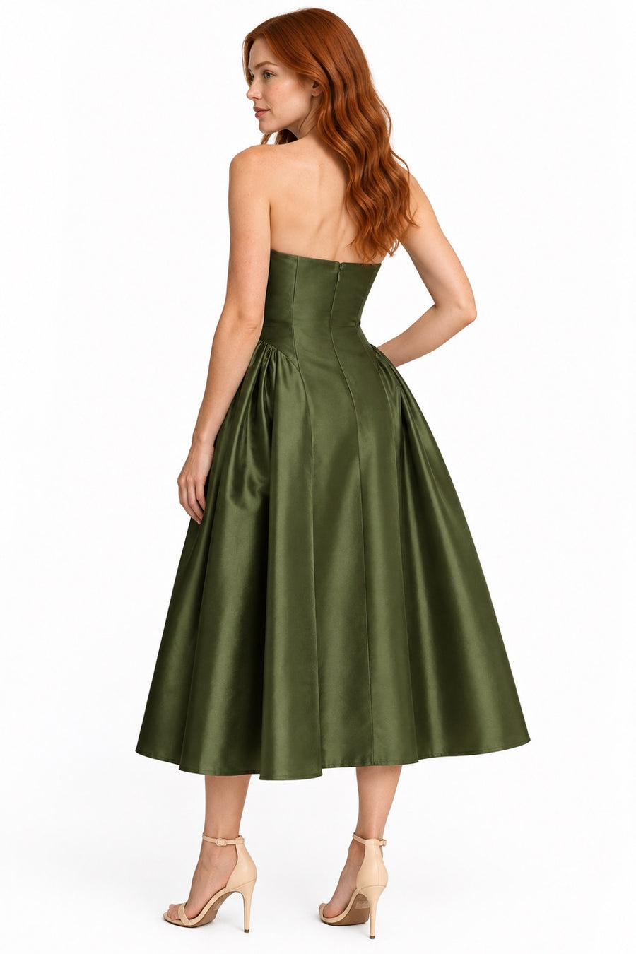 Pink Shop by MAF Vestido midi strapless línea A con costados fruncidos verde olivo, vista 5