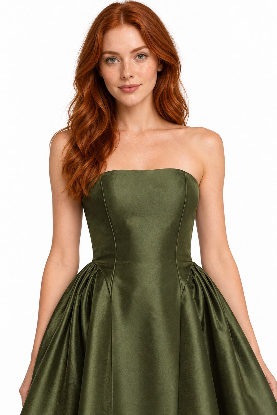 Pink Shop by MAF Vestido midi strapless línea A con costados fruncidos verde olivo, vista 7