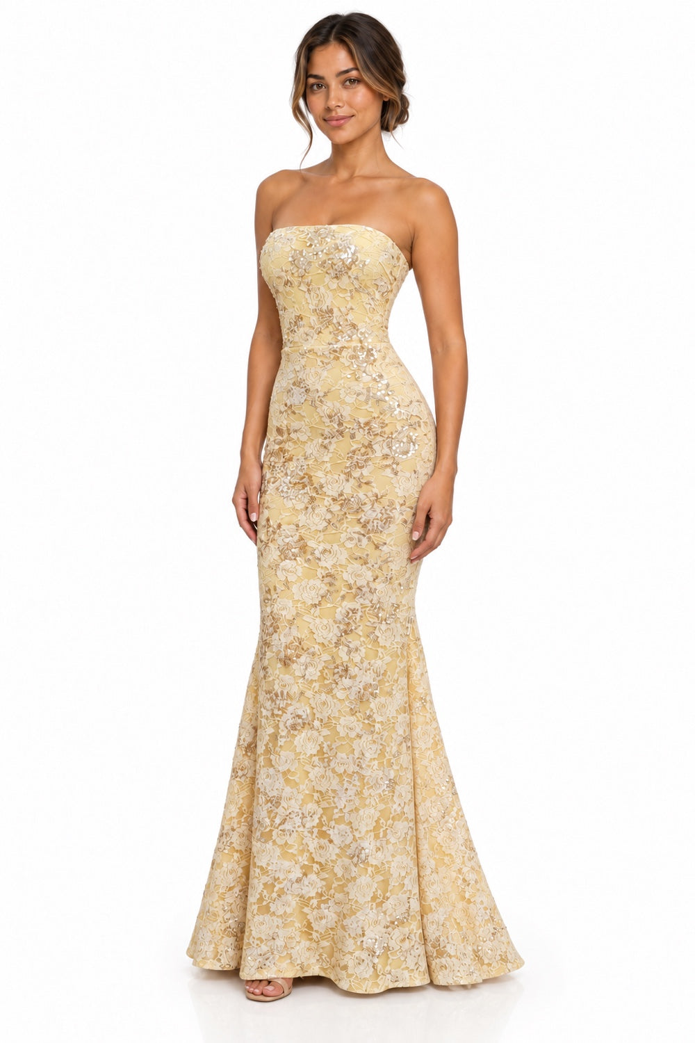 Pink Shop by MAF Vestido largo de encaje strapless amarillo, vista 3