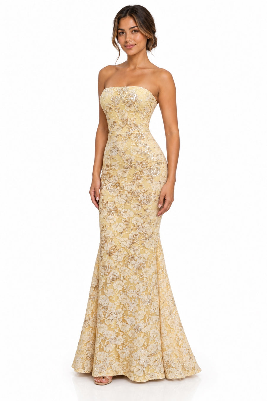 Pink Shop by MAF Vestido largo de encaje strapless amarillo, vista 3