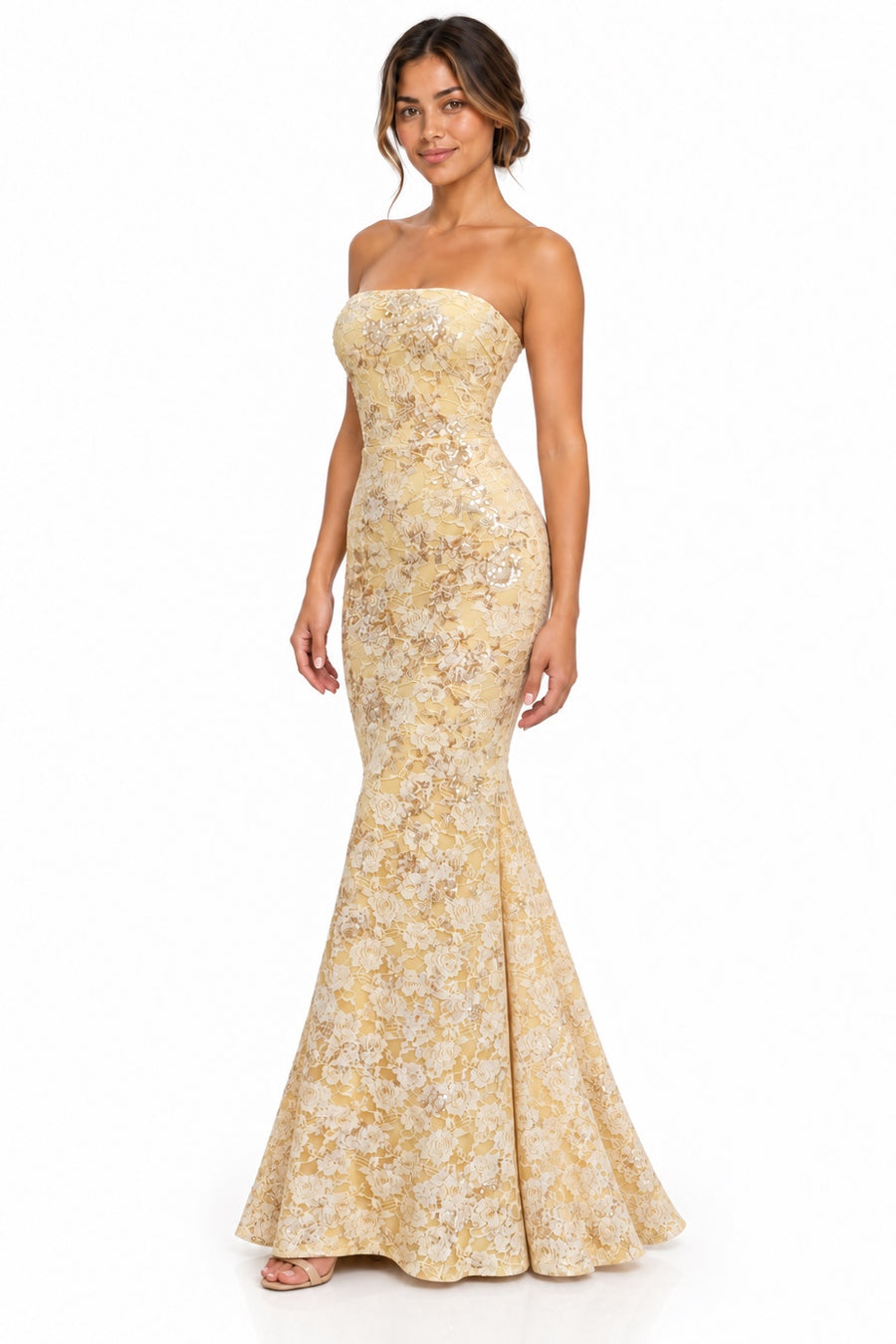 Pink Shop by MAF Vestido largo de encaje strapless amarillo, vista 8