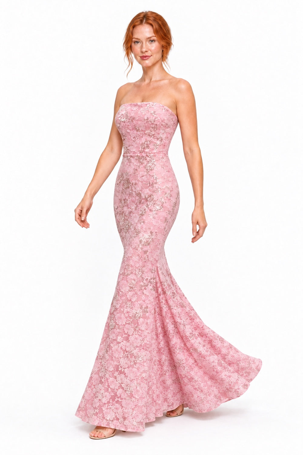 Pink Shop by MAF Vestido largo de encaje strapless rosa, vista 9