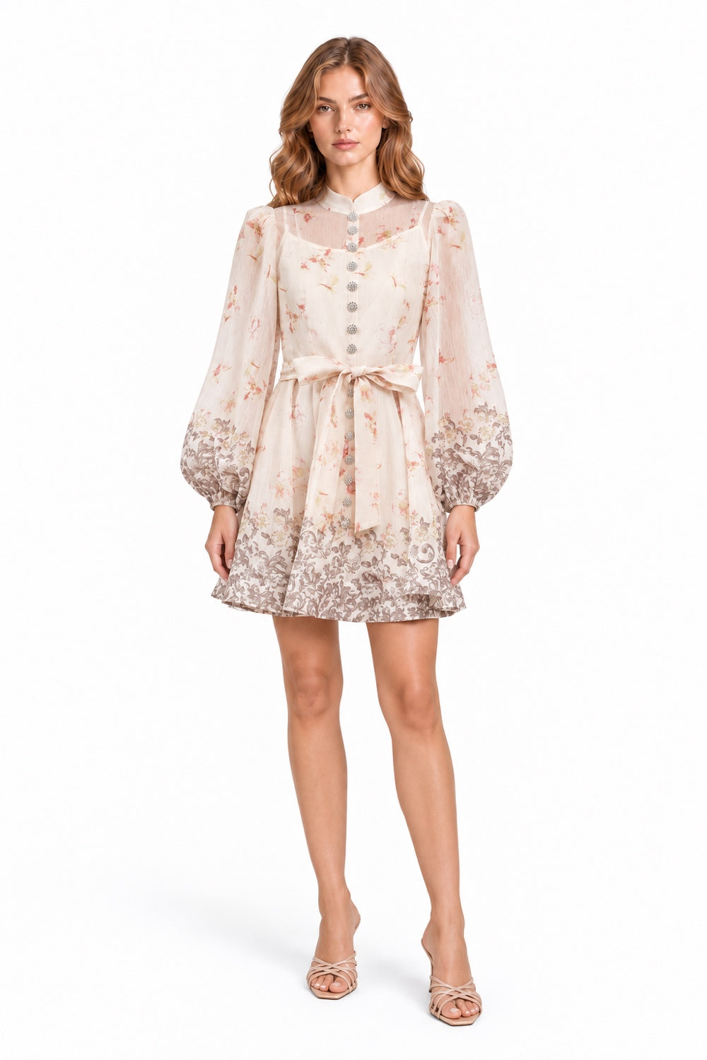 Pink Shop by MAF Vestido corto estampado con mangas marfil, portada