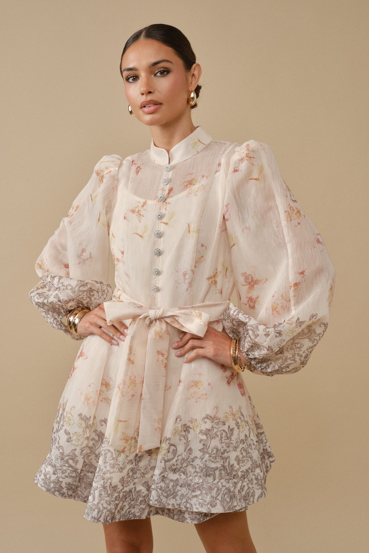 Pink Shop by MAF Vestido corto estampado con mangas marfil, vista 8