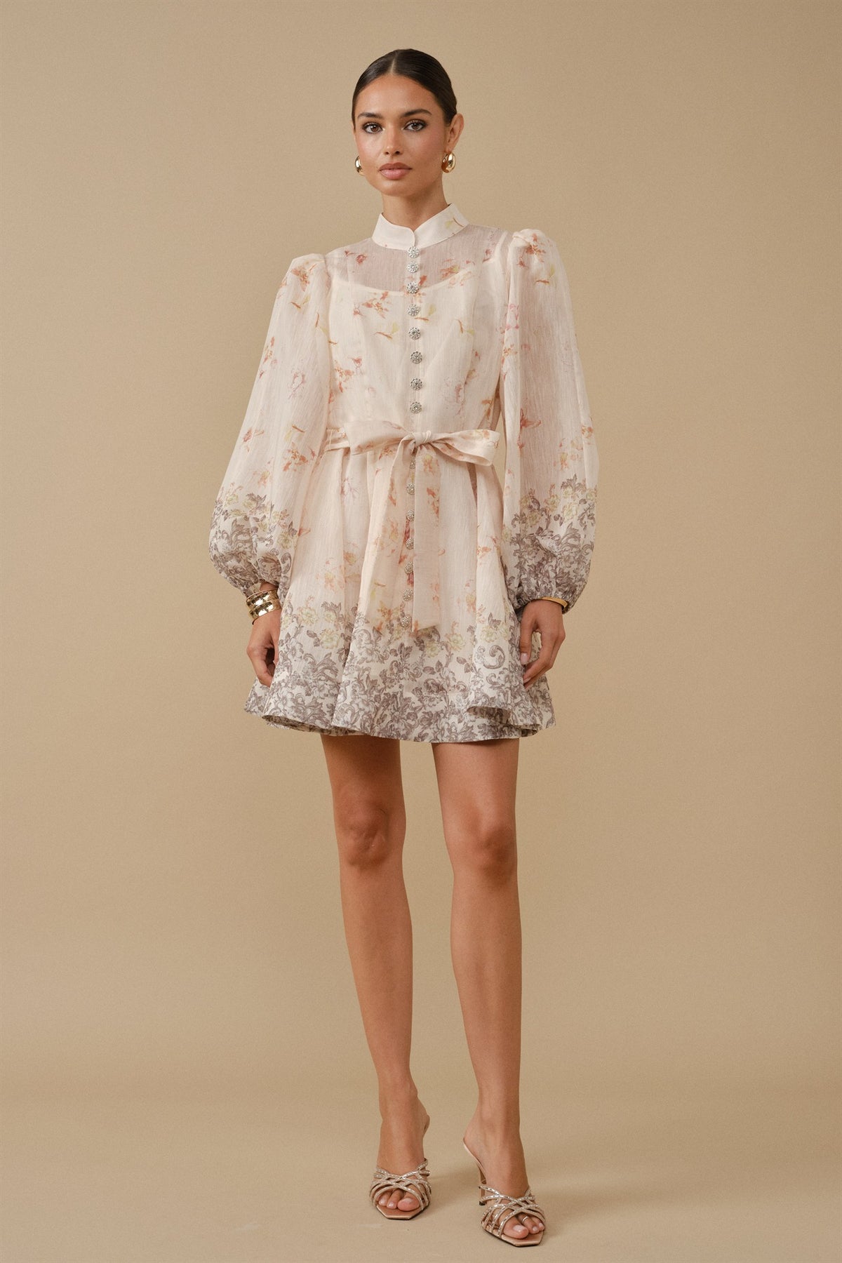 Pink Shop by MAF Vestido corto estampado con mangas marfil, vista 9