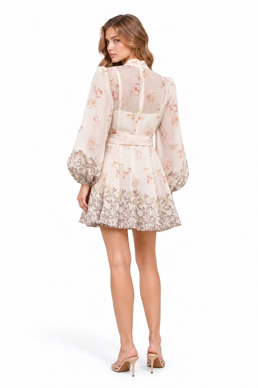 Pink Shop by MAF Vestido corto estampado con mangas marfil, espalda