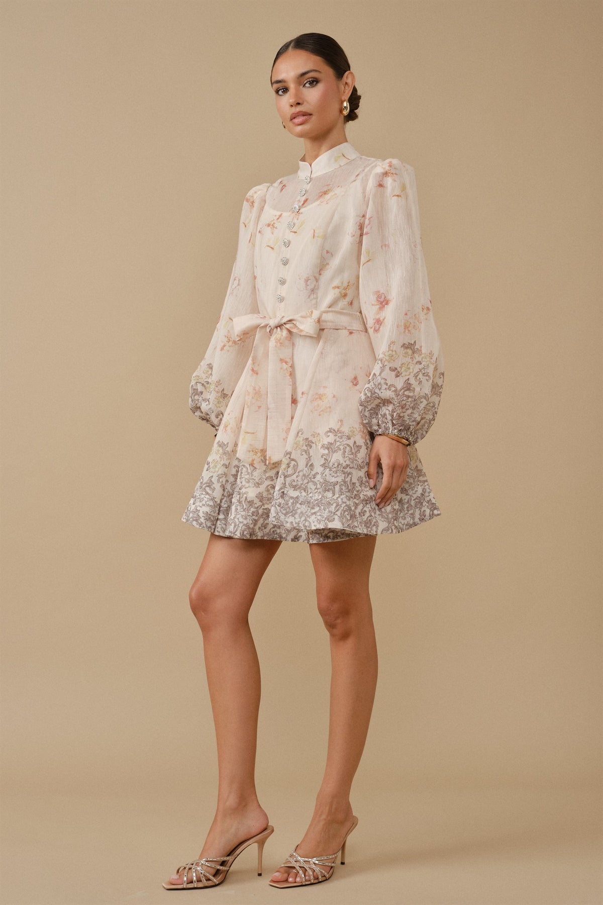 Pink Shop by MAF Vestido corto estampado con mangas marfil, vista 10