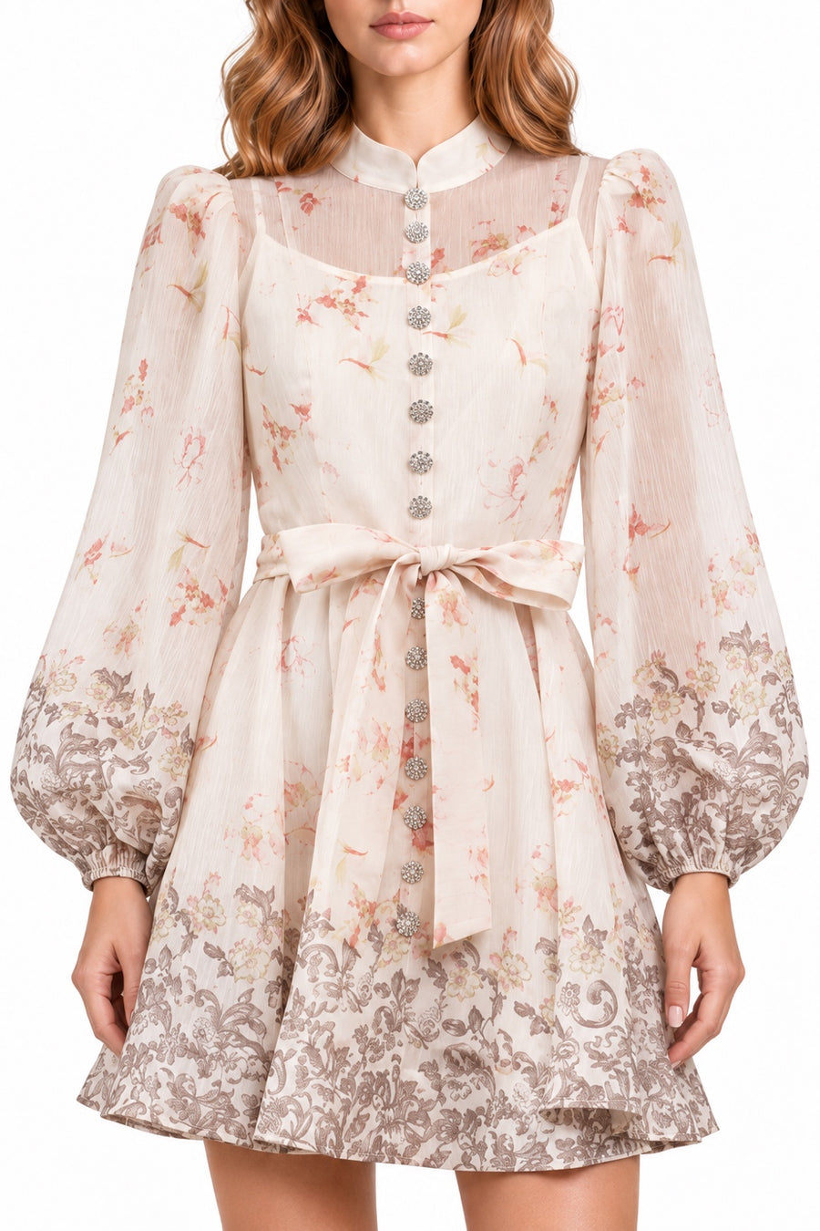Pink Shop by MAF Vestido corto estampado con mangas marfil, detalle