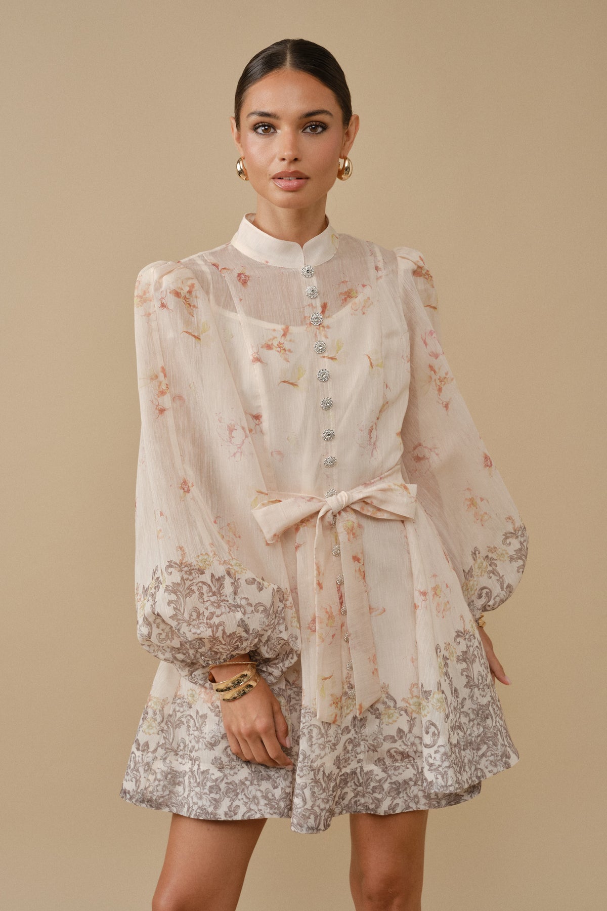 Pink Shop by MAF Vestido corto estampado con mangas marfil, vista 12