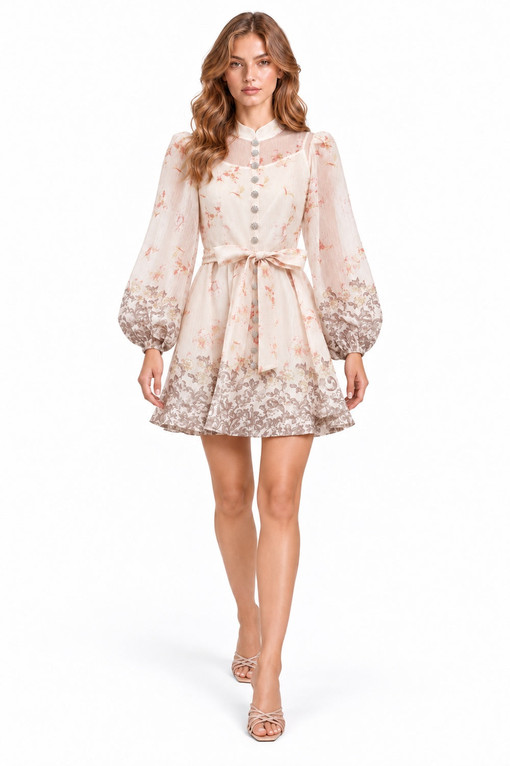 Pink Shop by MAF Vestido corto estampado con mangas marfil, movimiento