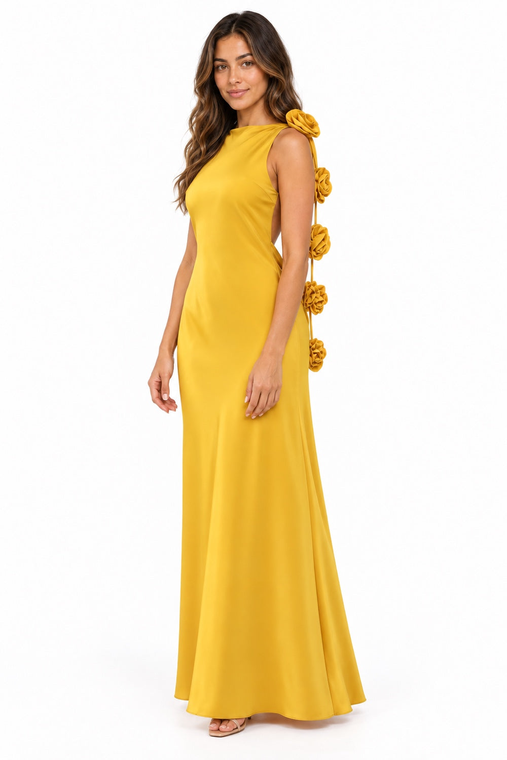 Pink Shop by MAF Vestido largo halter mostaza, tres cuartos